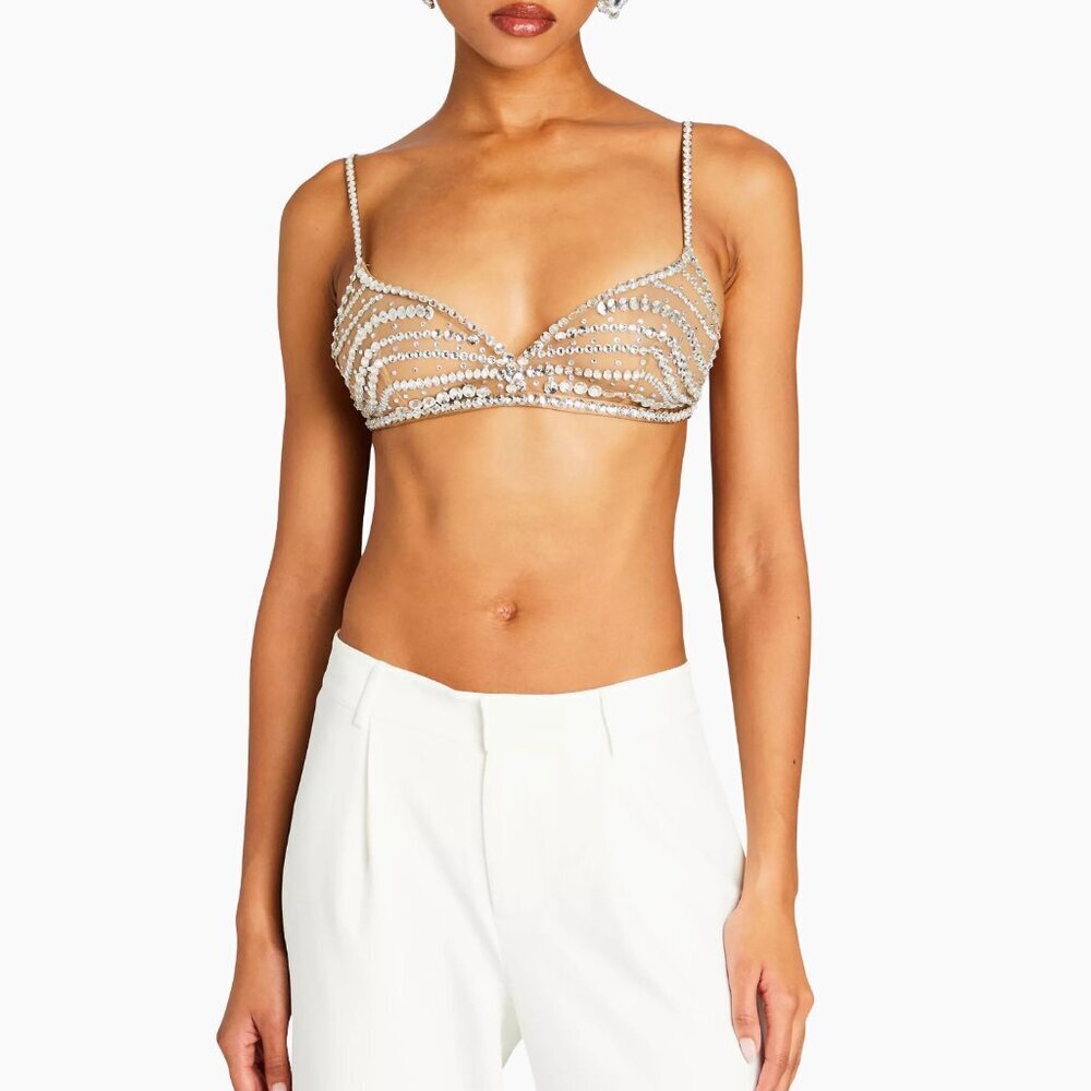Retrofete Crystal Embellished Bra Top Bralette Bejeweled Rhinestone Sheer